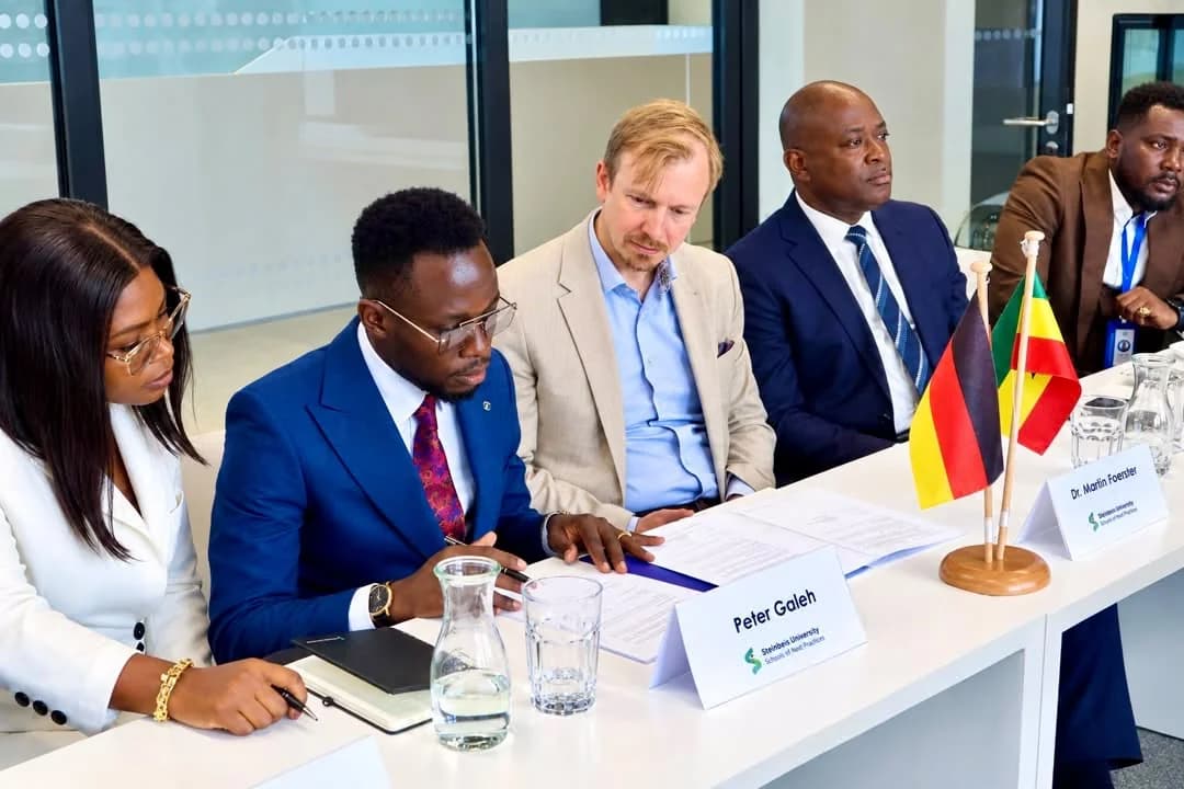 Delegation members reviewing documents at a table with Ghanaian and German flags.