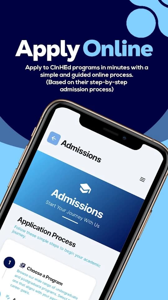 CInHEd Play Store screenshot showing the online admissions process